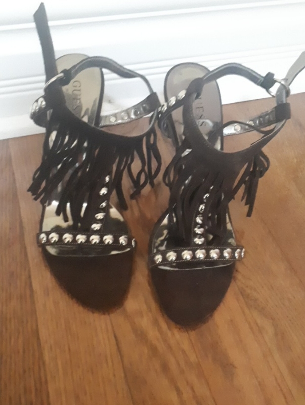 New Guess by Marciano Browm Fringe Studded Ankle-Strap Heels